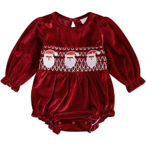 Baby Girl Christmas Outfit Long Sleeve Velvet Bubble Romper Santa Embroidery Bodysuit Newborn Winter Clothes