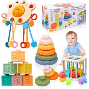 Montessori Toys for Babies 6-12 Months, 4 in 1 Montessori Baby Toys, Soft Baby Teething Toys, Stacking Building Blocks & Rings for Infants, Sensory Bin Toys