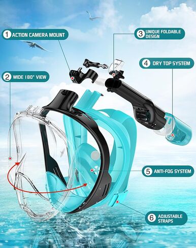 Greatever Full Face Snorkel Mask, Snorkeling Gear for Adults with Latest Dry Top Breathing System and Detachable Camera Mount, Foldable Snorkel Mask Adult, Snorkels Anti-Fog(Pink/Black, L/XL) in Kuwait