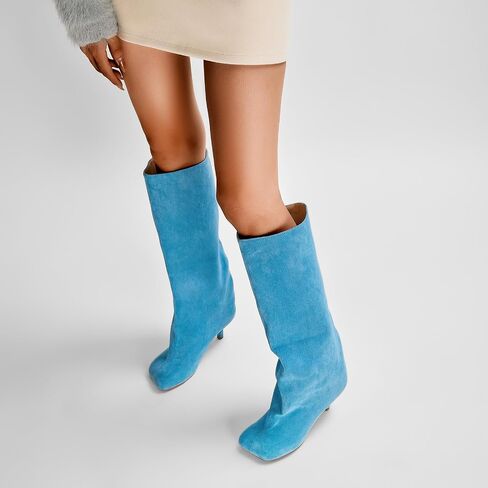 Nude Knee High Suede Boots for Women Square Toe Stiletto Heel Long Boots Wide Calf Pull On Tall Boots Fashion Comfortable Fall Boots in Saudi Arabia