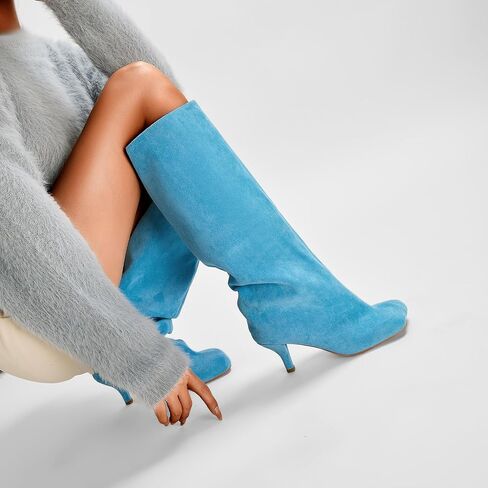 Nude Knee High Suede Boots for Women Square Toe Stiletto Heel Long Boots Wide Calf Pull On Tall Boots Fashion Comfortable Fall Boots in Saudi Arabia