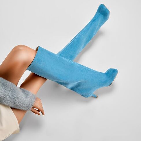 Nude Knee High Suede Boots for Women Square Toe Stiletto Heel Long Boots Wide Calf Pull On Tall Boots Fashion Comfortable Fall Boots in Saudi Arabia
