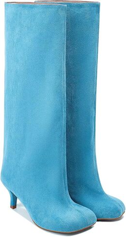 Nude Knee High Suede Boots for Women Square Toe Stiletto Heel Long Boots Wide Calf Pull On Tall Boots Fashion Comfortable Fall Boots in Saudi Arabia