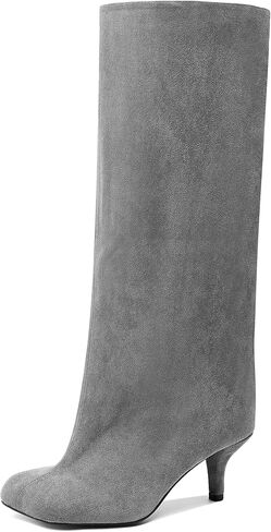 Nude Knee High Suede Boots for Women Square Toe Stiletto Heel Long Boots Wide Calf Pull On Tall Boots Fashion Comfortable Fall Boots in Saudi Arabia