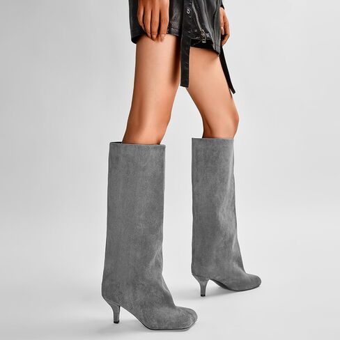 Nude Knee High Suede Boots for Women Square Toe Stiletto Heel Long Boots Wide Calf Pull On Tall Boots Fashion Comfortable Fall Boots in Saudi Arabia