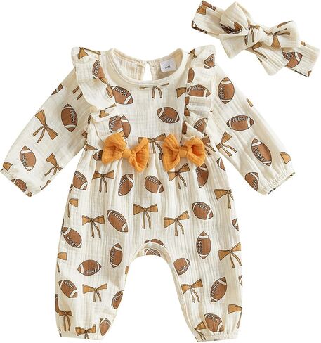 Newborn Baby Girl Football Outfit Rugby Print Ruffle Jumpsuit Puff Sleeve Linen Romper Headband Fall Clothes 0-12M in Kuwait