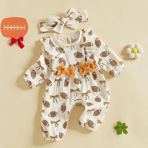 Newborn Baby Girl Football Outfit Rugby Print Ruffle Jumpsuit Puff Sleeve Linen Romper Headband Fall Clothes 0-12M in Kuwait