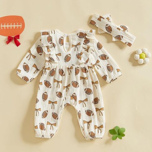 Newborn Baby Girl Football Outfit Rugby Print Ruffle Jumpsuit Puff Sleeve Linen Romper Headband Fall Clothes 0-12M in Kuwait