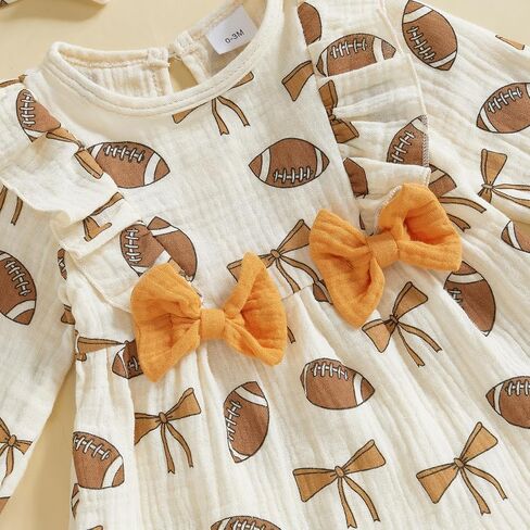 Newborn Baby Girl Football Outfit Rugby Print Ruffle Jumpsuit Puff Sleeve Linen Romper Headband Fall Clothes 0-12M in Kuwait