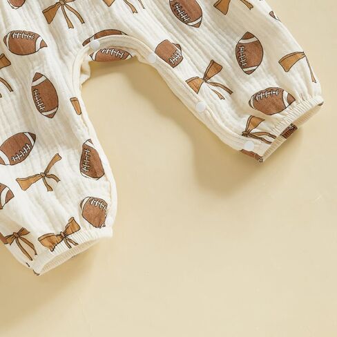 Newborn Baby Girl Football Outfit Rugby Print Ruffle Jumpsuit Puff Sleeve Linen Romper Headband Fall Clothes 0-12M in Kuwait