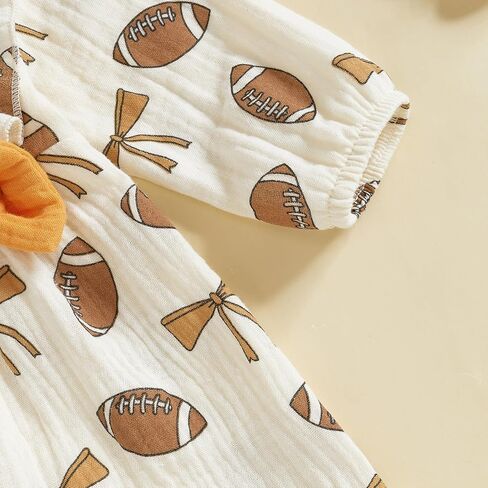 Newborn Baby Girl Football Outfit Rugby Print Ruffle Jumpsuit Puff Sleeve Linen Romper Headband Fall Clothes 0-12M in Kuwait