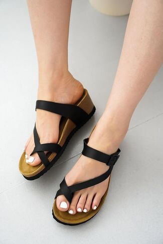 Project Cloud 100% Genuine Leather Womens Sandals Wedges & Beach Essentials, Memory Foam Summer Sandals, Non-Slip Platform Sandals Women, Open Toe Strappy Sandals for Women 2024 (Bailey, Black, 7) in Kuwait