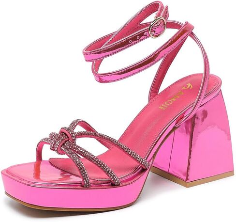 Amoji Women's 4 Inch Rhinestone Block Platform Heeled Sandal Wedding Party 316 in Saudi Arabia