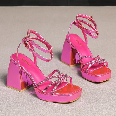 Amoji Women's 4 Inch Rhinestone Block Platform Heeled Sandal Wedding Party 316 in Saudi Arabia