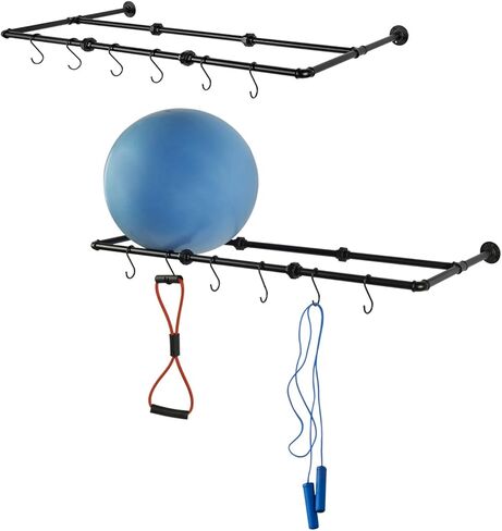 MyGift Modern Wall Mounted Rectangular Black Metal Sports Ball Holder with Hanging Hooks, Gym Wall Organizer Rack for Basketballs, Soccer Balls, Set of 2 in Saudi Arabia