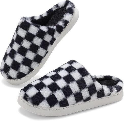 Women House Checkered Slippers - Mens Cozy Fuzzy Plaid Memory Foam Slippers with Faux Fur Lining for Indoor & Outdoor Comfort Soft Slides in Saudi Arabia