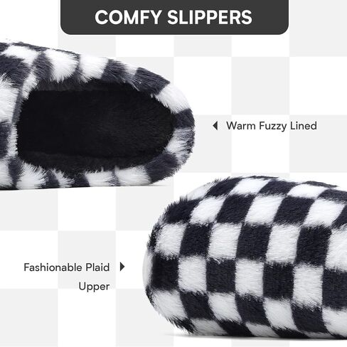Women House Checkered Slippers - Mens Cozy Fuzzy Plaid Memory Foam Slippers with Faux Fur Lining for Indoor & Outdoor Comfort Soft Slides in Saudi Arabia