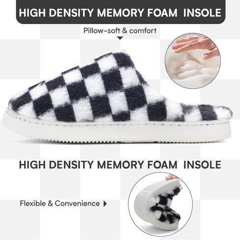 Women House Checkered Slippers - Mens Cozy Fuzzy Plaid Memory Foam Slippers with Faux Fur Lining for Indoor & Outdoor Comfort Soft Slides in Saudi Arabia