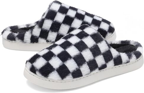 Women House Checkered Slippers - Mens Cozy Fuzzy Plaid Memory Foam Slippers with Faux Fur Lining for Indoor & Outdoor Comfort Soft Slides in Saudi Arabia