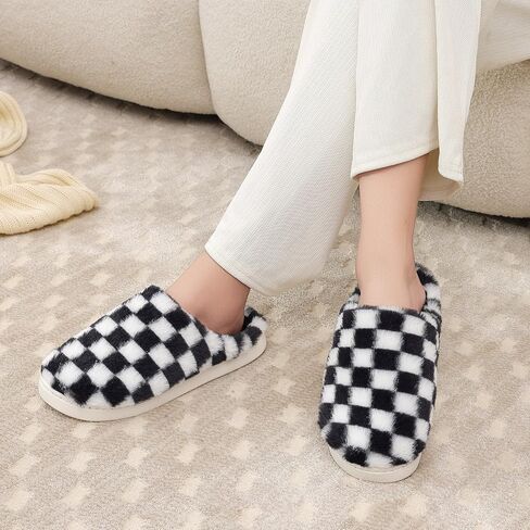 Women House Checkered Slippers - Mens Cozy Fuzzy Plaid Memory Foam Slippers with Faux Fur Lining for Indoor & Outdoor Comfort Soft Slides in Saudi Arabia