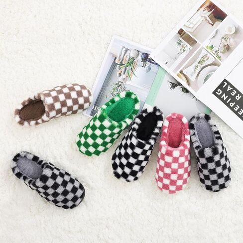 Women House Checkered Slippers - Mens Cozy Fuzzy Plaid Memory Foam Slippers with Faux Fur Lining for Indoor & Outdoor Comfort Soft Slides in Saudi Arabia