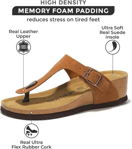 Project Cloud 100% Genuine Leather Womens Sandals Wedge Arizona Sandals Women - Memory Foam Wedges Heels for Women, Non Slip Platform Sandals Women - Sandals for women 2024 (Belize, Chestnut, 10) in Kuwait