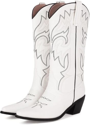 heelchic Womens Embroidered Cowboy Cowgirl Boots Snip Toe Chunky Heel Western Boots Pull On Mid Calf Boots White in Saudi Arabia