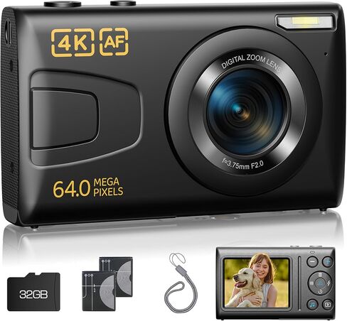 Digital Camera 4K 64MP Vlogging Camera Autofocus Point and Shoot Digital Cameras for Photography Camera for Kid Student Children Teen Girl Boy, 18X, 2 Batteries, 32GB Card in Saudi Arabia