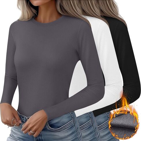 Huukeay 3 Pack Women's Thermal Shirts Long Sleeve De Velvet Lined Underwear Tops Crew Neck Slim Fit Basic Base Layer Tee in Kuwait
