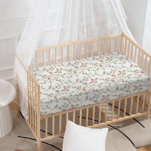 Baby Crib Fitted Sheet for Boys Girls Retro Butterflies Floral Leaves Soft Breathable Neutral Crib Sheet 52''x28'' Fitted Sheet for Cribs and Toddler Beds, Flower, 4266641 in Saudi Arabia