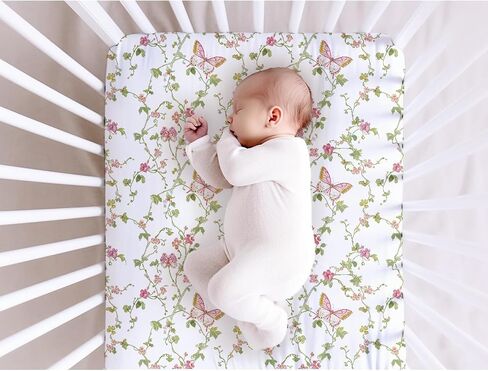Baby Crib Fitted Sheet for Boys Girls Retro Butterflies Floral Leaves Soft Breathable Neutral Crib Sheet 52''x28'' Fitted Sheet for Cribs and Toddler Beds, Flower, 4266641 in Saudi Arabia