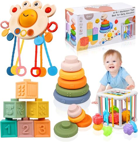 Montessori Toys for Babies 6-12 Months, 4 in 1 Montessori Baby Toys, Soft Baby Teething Toys, Stacking Building Blocks & Rings for Infants, Sensory Bin Toys in Saudi Arabia