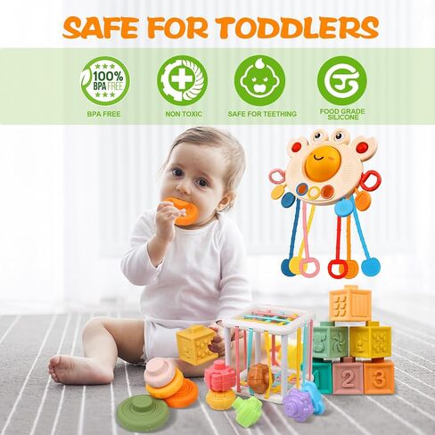 Montessori Toys for Babies 6-12 Months, 4 in 1 Montessori Baby Toys, Soft Baby Teething Toys, Stacking Building Blocks & Rings for Infants, Sensory Bin Toys in Saudi Arabia