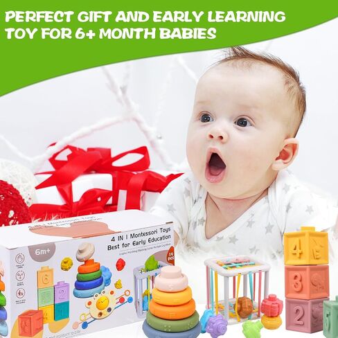 Montessori Toys for Babies 6-12 Months, 4 in 1 Montessori Baby Toys, Soft Baby Teething Toys, Stacking Building Blocks & Rings for Infants, Sensory Bin Toys in Saudi Arabia