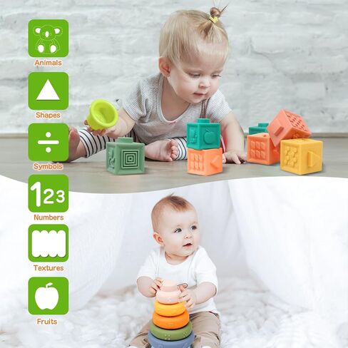 Montessori Toys for Babies 6-12 Months, 4 in 1 Montessori Baby Toys, Soft Baby Teething Toys, Stacking Building Blocks & Rings for Infants, Sensory Bin Toys in Saudi Arabia