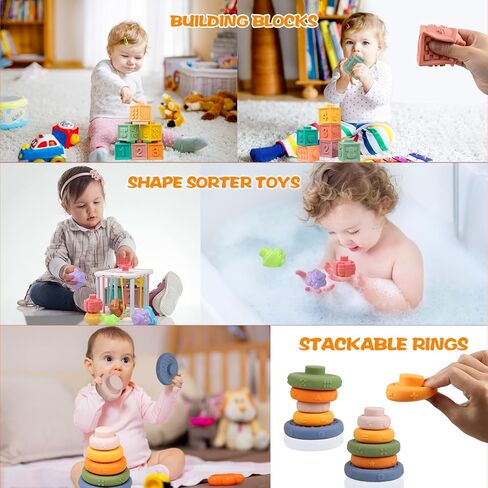 Montessori Toys for Babies 6-12 Months, 4 in 1 Montessori Baby Toys, Soft Baby Teething Toys, Stacking Building Blocks & Rings for Infants, Sensory Bin Toys in Saudi Arabia