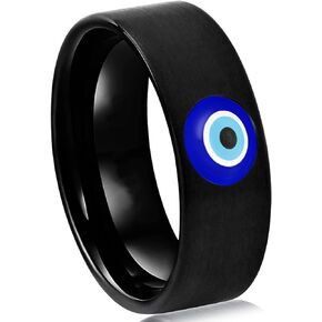 Evil Eye Ring Men, Turkish Evil Eye Jewelry for Men, 8MM Stainless Steel Blue Eye Protection Rings Size 6 to 13