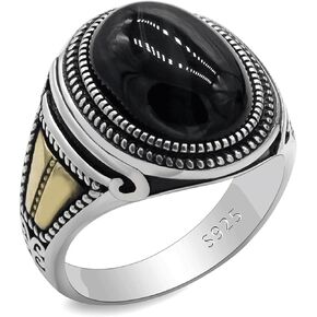 AROTOROM 925 Sterling Silver Natural Black Onyx Ring for Men, Turkish Vintage Engraving Design Handmade Jewelry, With Oval Black Agate Stone, Classic Design Statement Ring,Vintage Gemstone Anniversary Birthday Christmas Gift (Size 8 to 12)