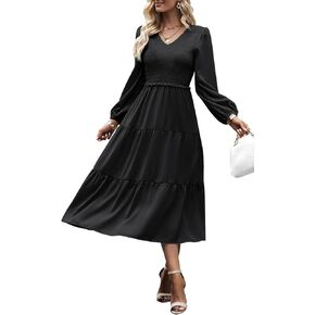 Women's 2024 Casual Long Sleeve Fall Dress Crew Neck High Waist Tiered Smocked Flowy Midi Dresses
