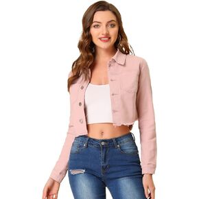 Allegra K Women's Jean Jacket Frayed Button Up Washed Cropped Denim Jacket