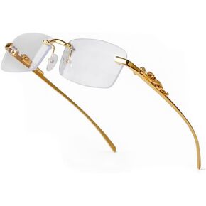 Vintage Small Narrow Rimless Square Gold Wire Metal Frames Unisex Trendy 90’s Hip Hop Retro Luxury Leopard Arms Frameless Glasses Rectangle Designer Clear Lens Eye Glasses For Men And Women
