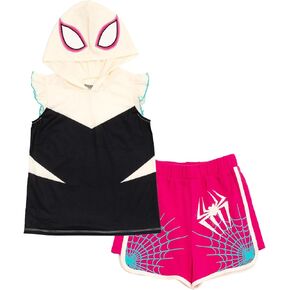 Marvel Spider-Man Spider-Gwen Ghost Spider Girls Cosplay Hooded Tank Top & French Terry Shorts Outfit Set Toddler to Big Kid