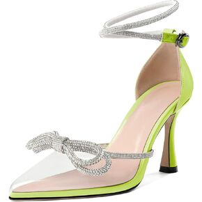 AUMOTED Women's Stiletto High Heel Pumps Ladies Clear Heels Pointed Toe Crystal Rhinestones Bow Heels Ankle Strap Bridal Wedding Shoes 3.5 Inch