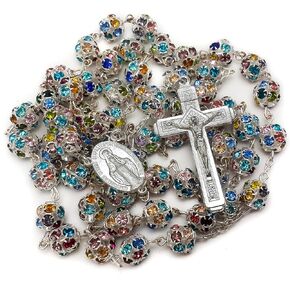 Nazareth Store Colorful Zirconia Crystal Beads Rosary Silver Catholic Necklace with Miraculous Medal Cross Crucifix Multicolor Rosaries in Velvet Bag