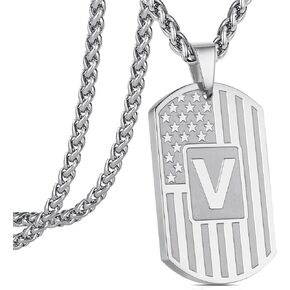 Initial Necklace Gift for Men Boys American Flag Stainless Steel Letter A-Z Son Boyfriend Husband Dad Jewelry 24 Inch Chain Valentine's Birthday Christmas Anniversary