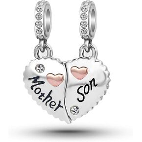 TGLS Women Girls Rose Gold Heart Love Mother and Son Charms Dangle Puzzle Heart Beads for Mom Birthday Gifts Compatible With Pandora Bracelet