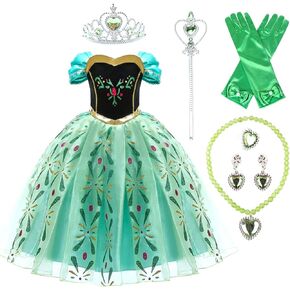 Princess Anna Costume Dress for Girls 3T-10Y Halloween Dress Up Clothes Kids Pretend Play with Crown Accessories