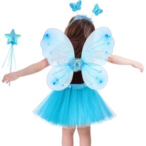 Abaodam Fairy Costume Set for Girls Tutu Skirt Butterfly Wing Headband and Fairy Stick (Blue)