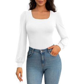 CLOZOZ Square Neck Womens T Shirts Puff Sleeve Shirts for Women Long Slim Fitted Tee Tops in Saudi Arabia