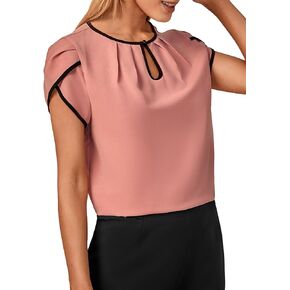 WDIRARA Women's Keyhole Neck Petal Short Sleeve Pleated Casual Solid Tee Shirt Top